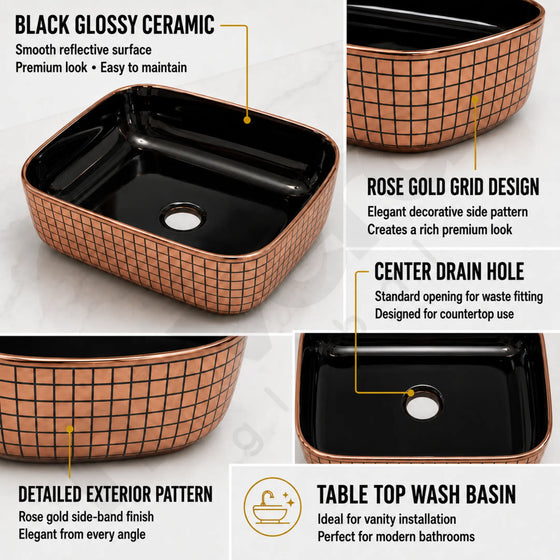 Novera Global Ceramic Table Top Wash Basin | Glossy Rectangular Vessel Sink | Above Counter Vessel Sink for Bathroom Vanity | 5-Year Warranty | Imported Glossy Countertop Wash Bowl (Black & Rose Gold) Novera Global