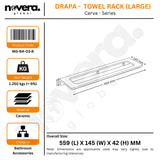 Product label for a towel rack with dimensions and specifications.
