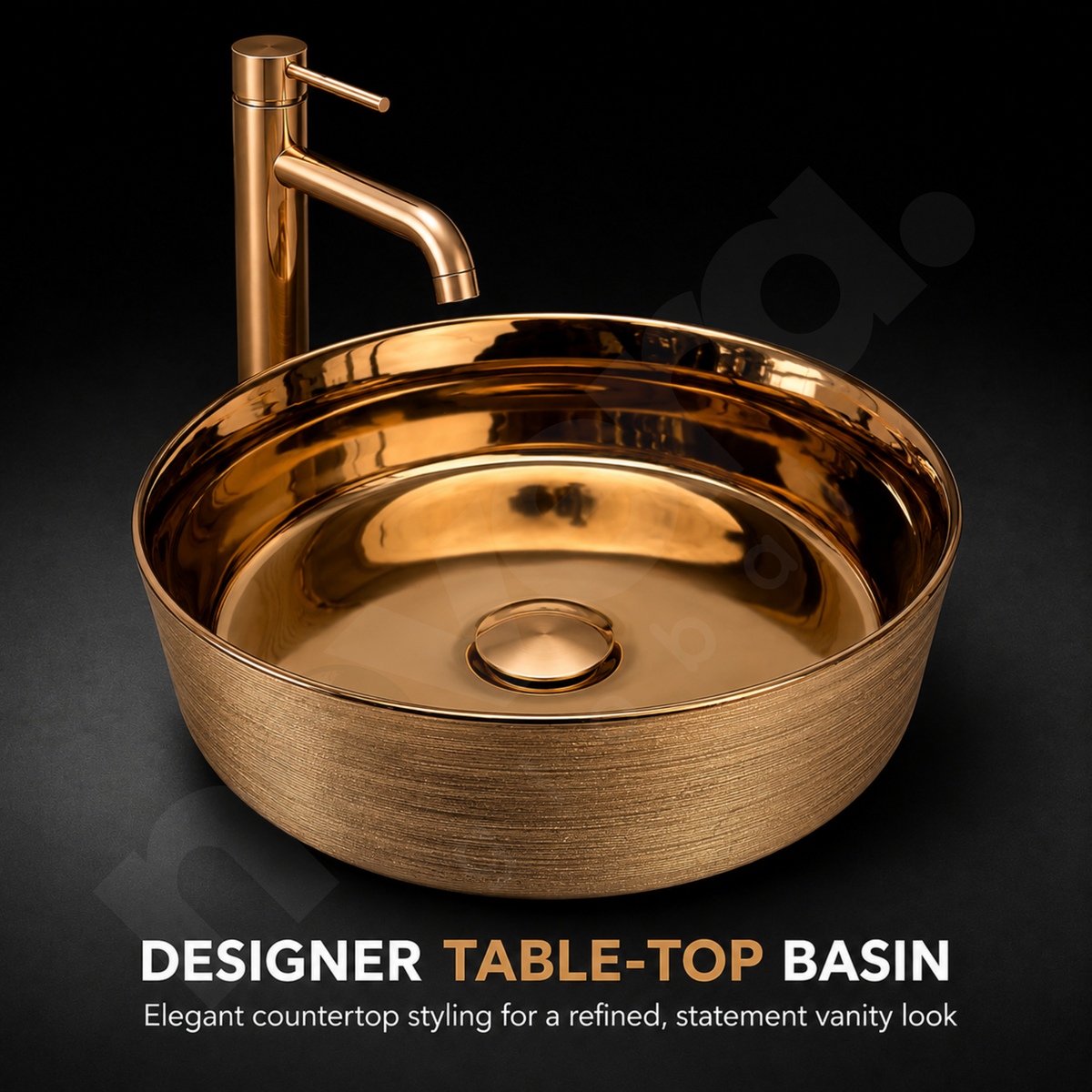 Novera Global Ceramic Table Top Wash Basin | Glossy Finish Round Vessel Sink | Above Counter Vessel Sink for Bathroom Vanity | 5-Years Warranty | Imported Glossy Countertop Wash Bowl (Rose Gold)