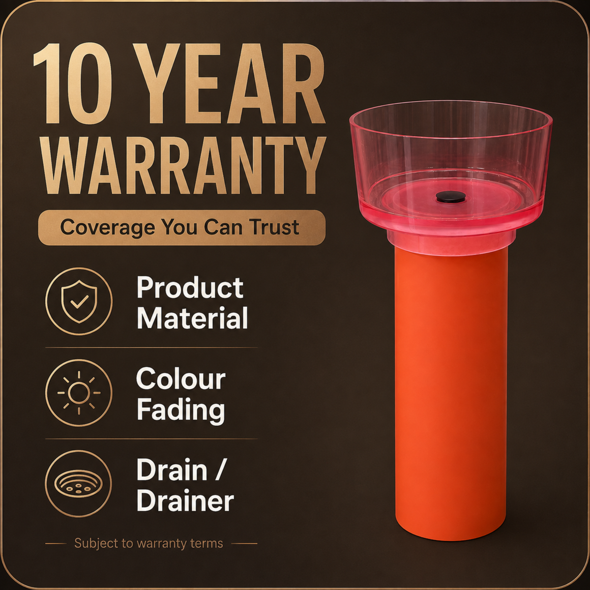 Novera Global Duet Pedestal Wash Basin | 10-Years Warranty | Freestanding Resin + Solid Surface, Translucent Rose Pink Bowl with Orange Pedestal | Floor Standing Designer Basin with Black Drainer, 450 x 450 x 900 mm