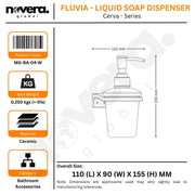 Fluvia liquid soap dispenser with dimensions and specifications on a white background