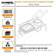 Product packaging of a soap dish with tumbler holder by Novera, showing dimensions and features.