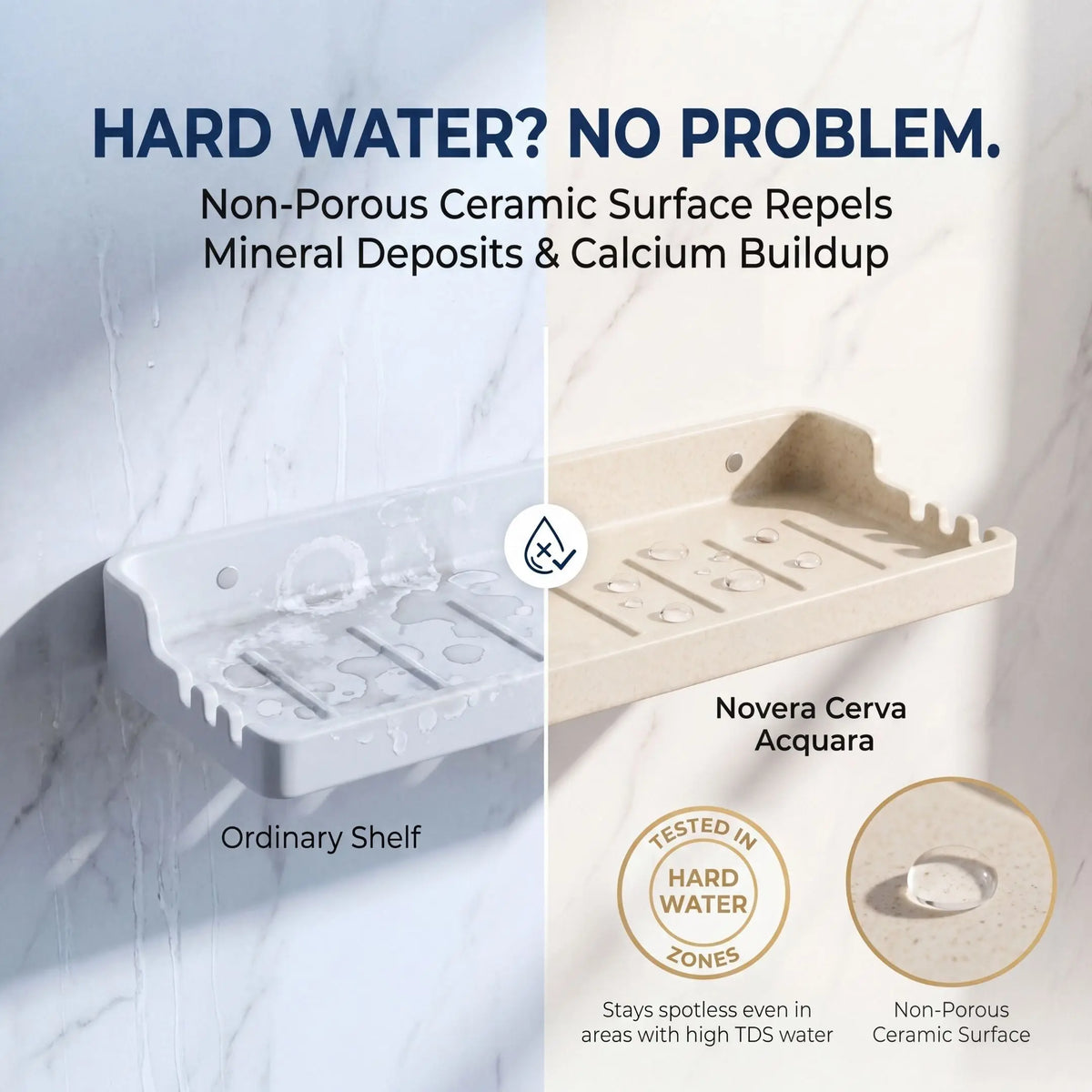 Comparison of ordinary shelf and Novera Cerva Acquara shelf in hard water conditions.
