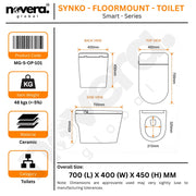 Product details of a Novera Synko floormount toilet with dimensions and specifications.