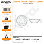 Product packaging for a crystal crown pedestal basin with dimensions and material details.