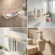 Bathroom accessories including a shelf with a phone, toilet paper, and soap dispenser.