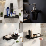 Collage of bathroom shelves and accessories with soap dispensers and toiletries.