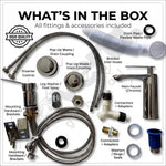 Bathroom fixture kit with various components labeled on a white background