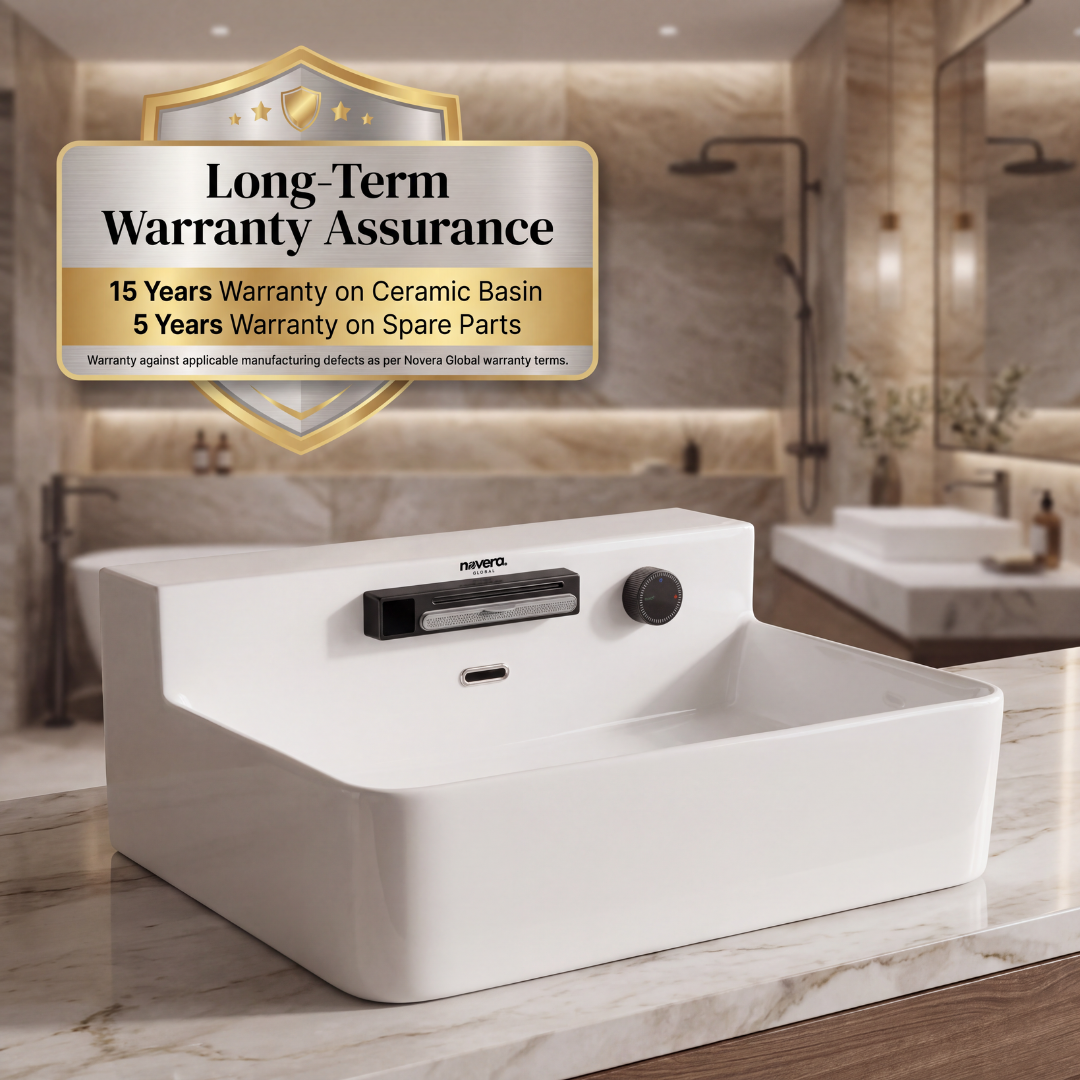 Novera Global FLOWBOX Ceramic Wash Basin for Bathroom with Built-In Faucet, Rain & Cascade Dual Water Flow, Hot Cold Mixer, Tabletop & Wall-Mount Installation, Glossy White, 60.5 × 47 × 24.5 cm