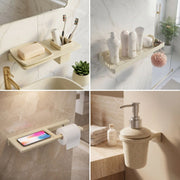 Set of bathroom wall shelves and accessories in a modern bathroom setting.