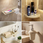 Collage of bathroom accessories including a shelf with a phone, toilet paper, corner shelf with toiletries, and soap dispenser.