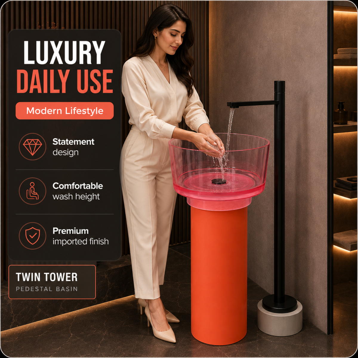 Novera Global Duet Pedestal Wash Basin | 10-Years Warranty | Freestanding Resin + Solid Surface, Translucent Rose Pink Bowl with Orange Pedestal | Floor Standing Designer Basin with Black Drainer, 450 x 450 x 900 mm