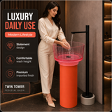 Novera Global Duet Pedestal Wash Basin | 10-Years Warranty | Freestanding Resin + Solid Surface, Translucent Rose Pink Bowl with Orange Pedestal | Floor Standing Designer Basin with Black Drainer, 450 x 450 x 900 mm