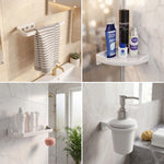 Bathroom collage with sink, towel, shelf with toiletries, and wall-mounted dispenser.