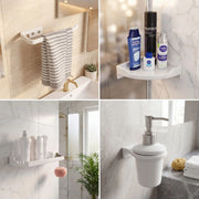 Bathroom collage with sink, towel, shelf with toiletries, and wall-mounted dispenser.