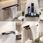 Bathroom accessories including a black towel rack, shelf, and holder with toiletries.