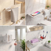 Collage of bathroom shelves and fixtures with towels, toiletries, and a smartphone.