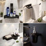 Bathroom accessories including a corner shelf, towel rack, soap dish, and soap dispenser.