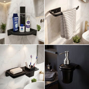 Bathroom accessories including a corner shelf, towel rack, soap dish, and soap dispenser.