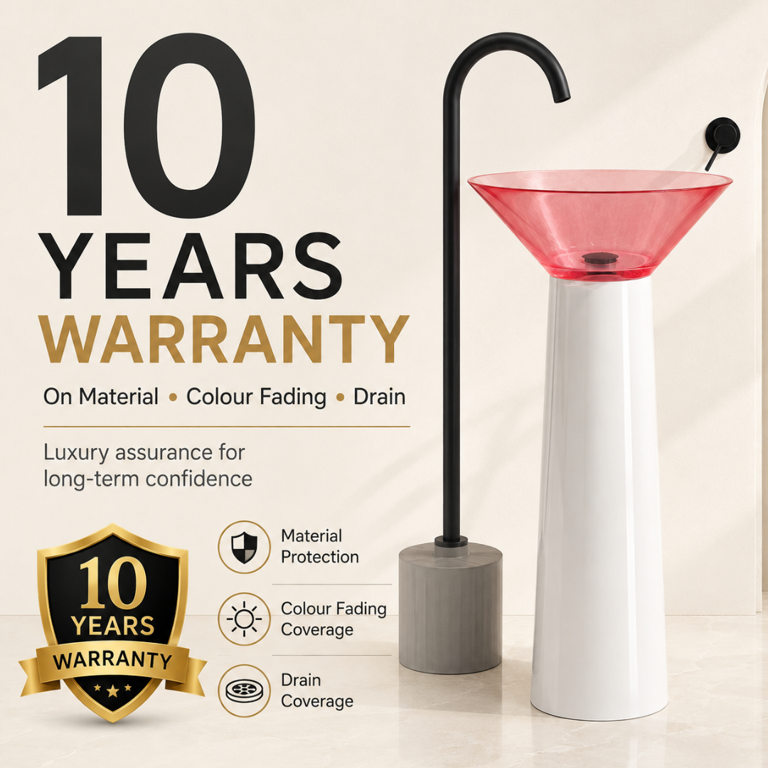 Novera Global Bloom Freestanding Pedestal Wash Basin | 10-Years Warranty | Premium Resin & Solid Surface Floor Standing Designer Basin | Translucent Pink Bowl | Drainer Included, 450 × 450 × 900 mm