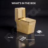 Novera Global Royal Prism Gold One Piece Western Toilet | 300mm S-Trap | Soft-Close Gold Seat Cover | 5-Year Warranty | Floor Mounted Ceramic Commode with Dual Flush 4/8L | Wash Down Flushing | Water Saving