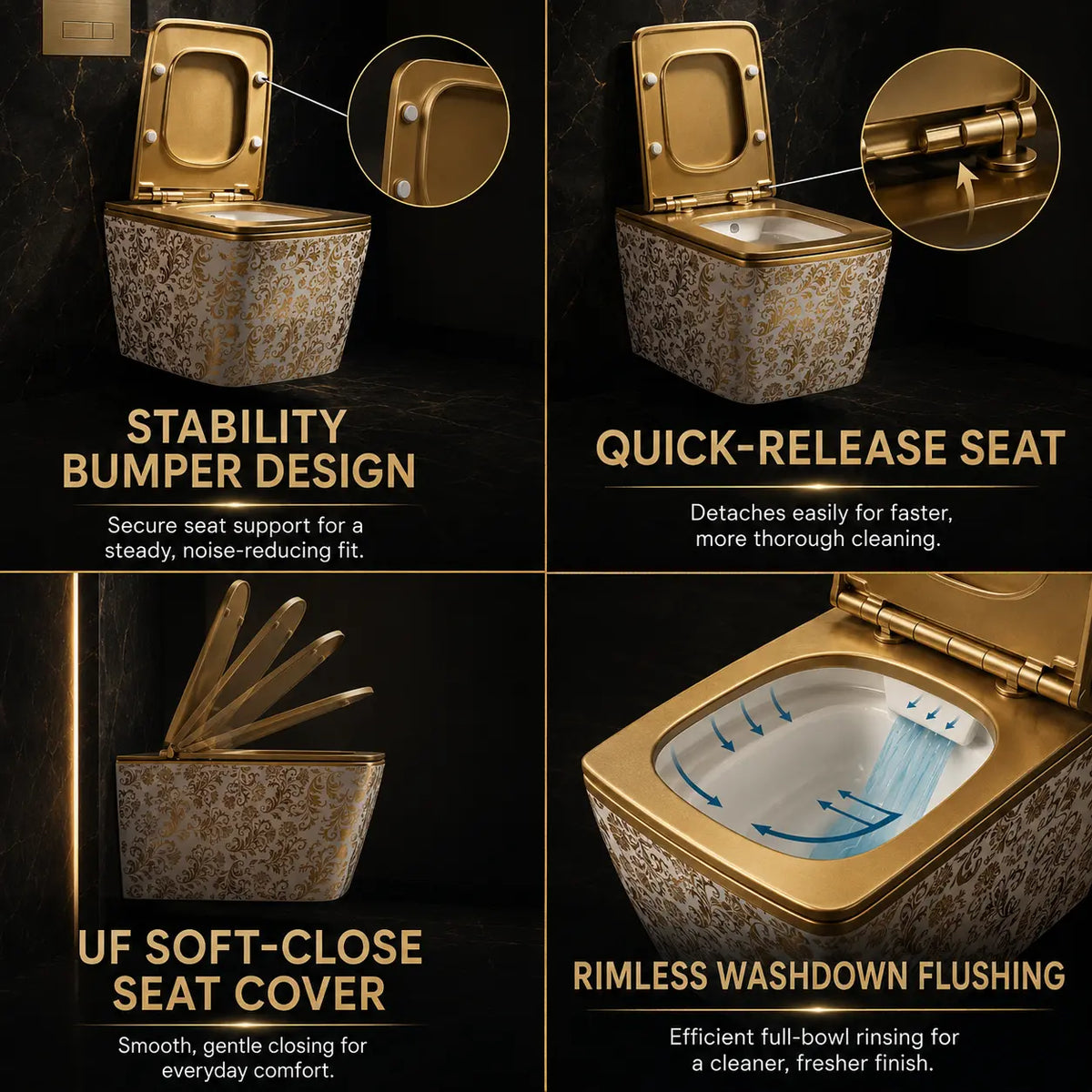 Four-panel product feature graphic for a toilet with a gold interior and lid, a patterned exterior, and callout text highlighting stability bumper design, quick-release seat, soft-close seat cover, and rimless washdown flushing.