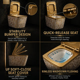 Four-panel product feature graphic for a toilet with a gold interior and lid, a patterned exterior, and callout text highlighting stability bumper design, quick-release seat, soft-close seat cover, and rimless washdown flushing.