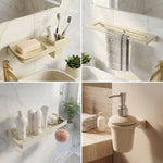 Collage of bathroom fixtures including a soap dish, towel rack, and soap dispenser.