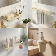 Collage of bathroom fixtures including a soap dish, towel rack, and soap dispenser.
