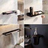 Bathroom accessories including a towel rack, soap dispenser, and shelf with toiletries.