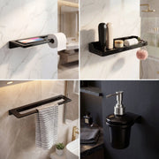 Bathroom accessories including a towel rack, soap dispenser, and shelf with toiletries.