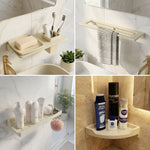 Collage of bathroom shelves with toiletries and towels.