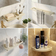 Collage of bathroom shelves with toiletries and towels.