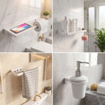 Collage of bathroom accessories including a phone holder, shelf, soap dispenser, and towel rack.