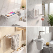 Collage of bathroom accessories including a phone holder, shelf, soap dispenser, and towel rack.
