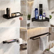 Black wall-mounted shelves and towel holder in a bathroom setting.