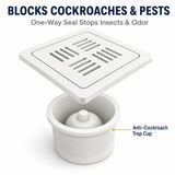 Novera Global Ceramic Square Slotted Floor Drain with Anti-Cockroach Trap Cup | Premium Drain Jali | 10-Year Warranty | Rust & Fade Proof Waste Water Drain Cover for Shower Area, Kitchen, Balcony & Wet Rooms (White)