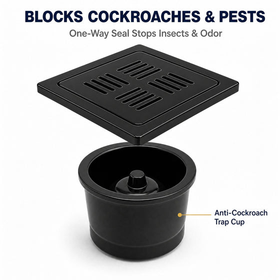Novera Global Ceramic Square Slotted Floor Drain with Anti-Cockroach Trap Cup | Premium Drain Jali | 10-Year Warranty | Rust & Fade Proof Waste Water Drain Cover for Shower Area, Kitchen, Balcony & Wet Rooms (Black)