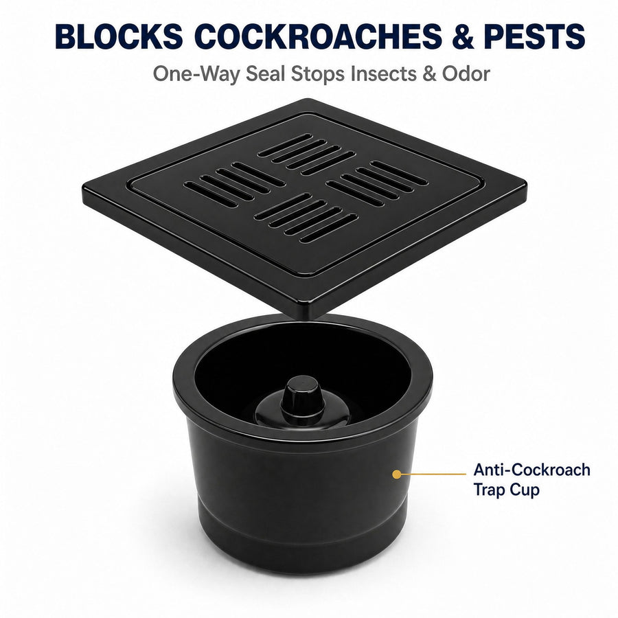 Novera Global Ceramic Square Slotted Floor Drain with Anti-Cockroach Trap Cup | Premium Drain Jali | 10-Year Warranty | Rust & Fade Proof Waste Water Drain Cover for Shower Area, Kitchen, Balcony & Wet Rooms (Black)