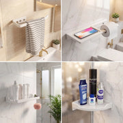 Collage of bathroom shelves with towels, phone, and toiletries.