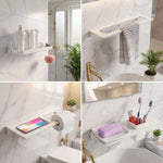Collage of bathroom fixtures including a shelf, towel rack, and sink area.