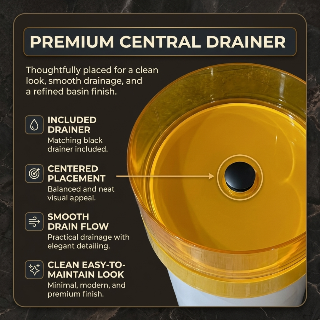 Novera Global Amber Freestanding Pedestal Wash Basin | 10-Years Warranty | Imported Resin & Solid Surface Floor Standing Designer Basin | Transparent Yellow Bawl | Drainer Included, 450 x 450 x 900 mm