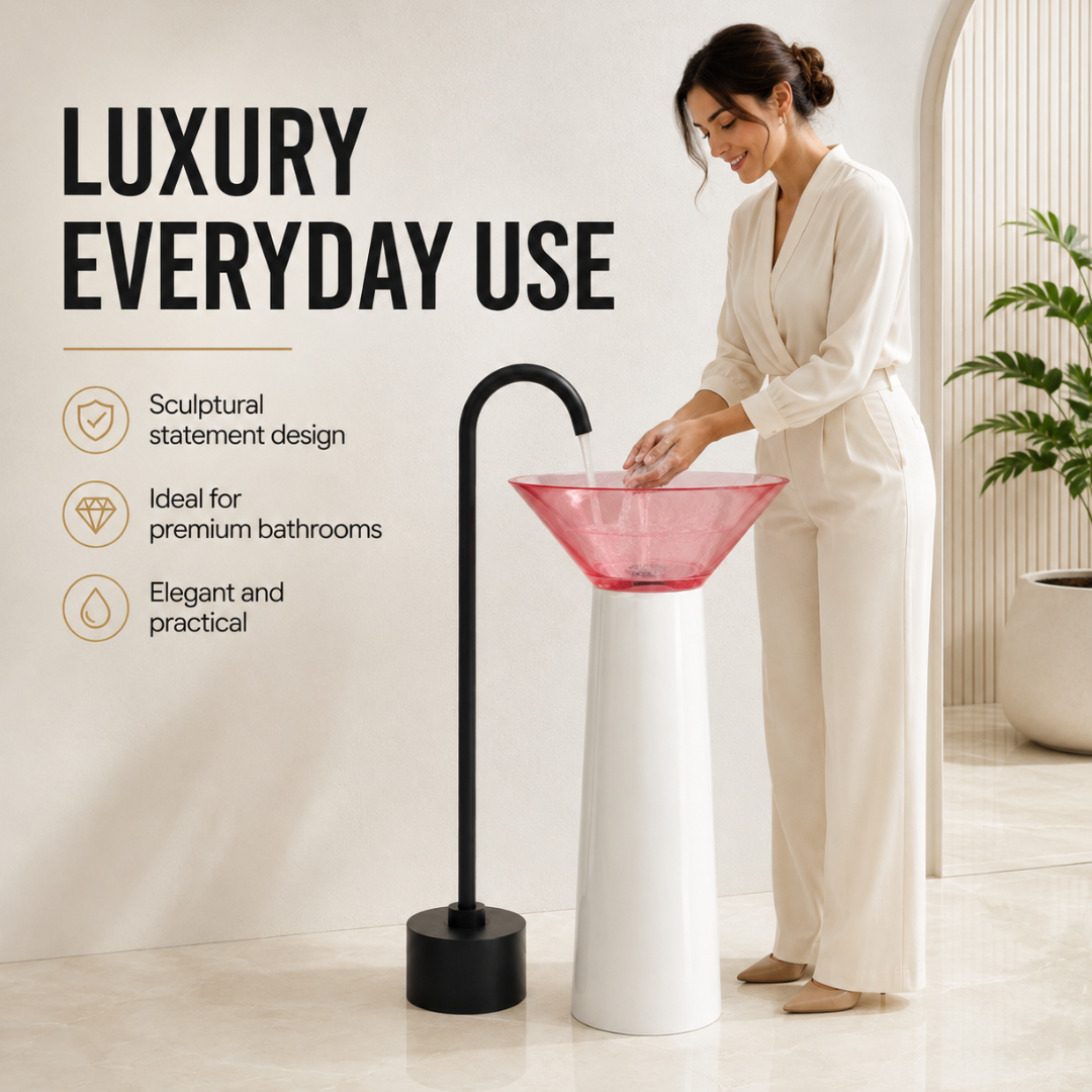 Novera Global Bloom Freestanding Pedestal Wash Basin | 10-Years Warranty | Premium Resin & Solid Surface Floor Standing Designer Basin | Translucent Pink Bowl | Drainer Included, 450 × 450 × 900 mm