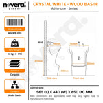 Product packaging for a crystal white wudu basin with dimensions and features listed.