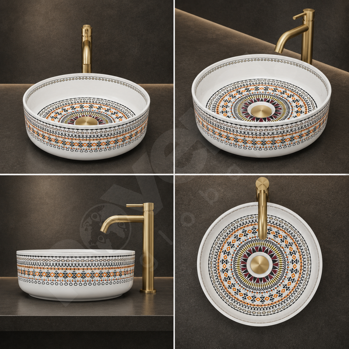 Novera Global Designer Ceramic Table Top Wash Basin | Round Above Counter Vessel Sink for Bathroom Vanity | 5-Years Warranty | Mandala Art Countertop Wash Bowl | Glossy Finish Wash Basin (WHITE)