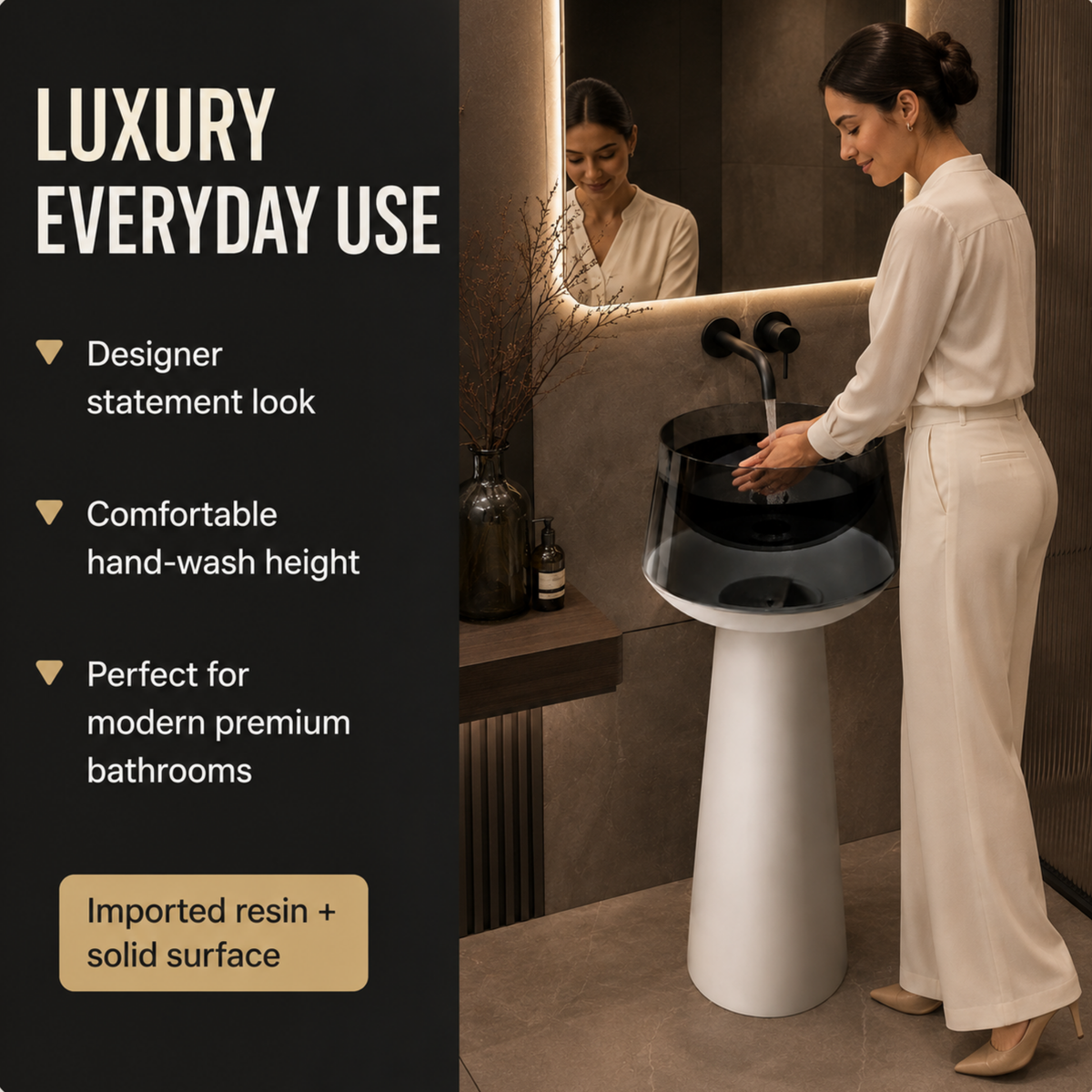 Novera Global Vesper Freestanding Pedestal Wash Basin | 10-Years Warranty | Smoked Translucent Resin Bowl & Solid Surface Base Pedestal | Floor Standing Designer Bathroom Basin with Drainer | 500 x 500 x 900 mm (Black & White)