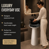 Novera Global Vesper Freestanding Pedestal Wash Basin | 10-Years Warranty | Smoked Translucent Resin Bowl & Solid Surface Base Pedestal | Floor Standing Designer Bathroom Basin with Drainer | 500 x 500 x 900 mm (Black & White)