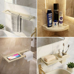Bathroom corner with various wall-mounted shelves and storage solutions.