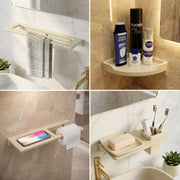 Bathroom corner with various wall-mounted shelves and storage solutions.