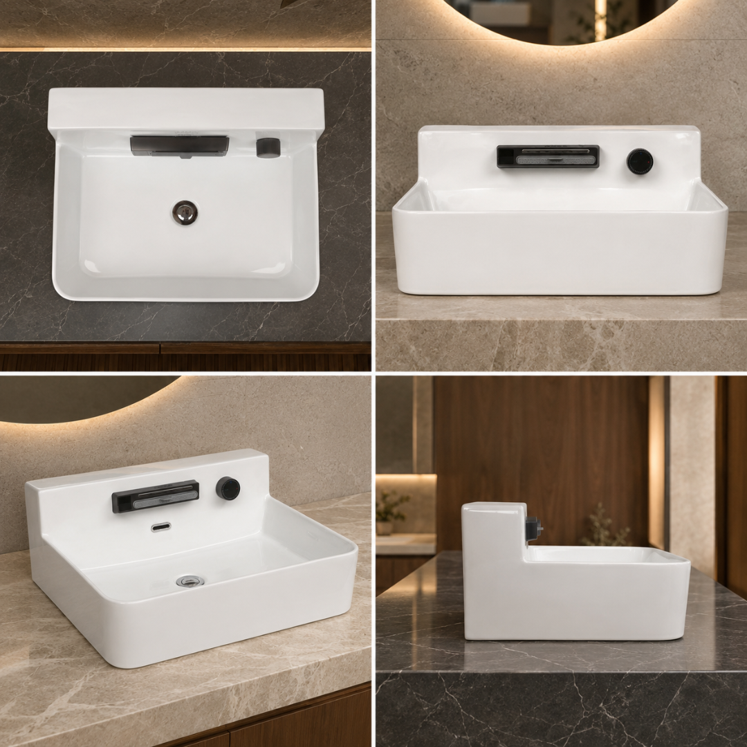 Novera Global FLOWBOX Ceramic Wash Basin for Bathroom with Built-In Faucet, Rain & Cascade Dual Water Flow, Hot Cold Mixer, Tabletop & Wall-Mount Installation, Glossy White, 60.5 × 47 × 24.5 cm